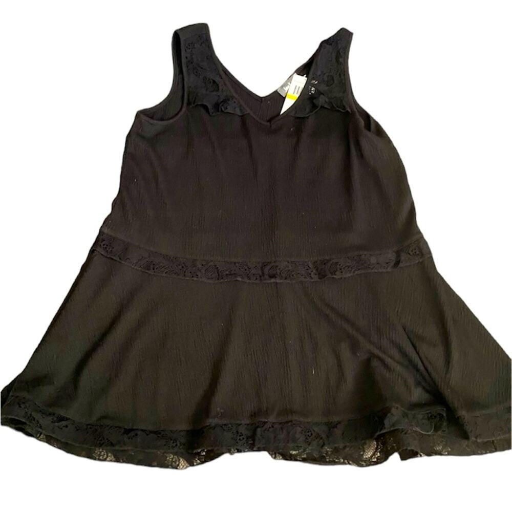 NWT Nieman Marcus Sz M Black gauze tank lace trim Sleeveless